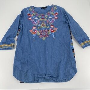 Caleoas Womens Chambray  Embroidery Long Sleeve tunic Top Size S